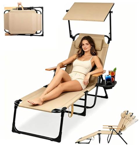 Beach Lounge Chair with Sun Shade, Folding Outdoor Chaise Lounge Chair with Arms, 4-Position Backrest, Extended Sun Tanning Chair Pillow & Cup Holder, Patio Lounger for Outside for Beach(Beige-U) - color: Beige-u
