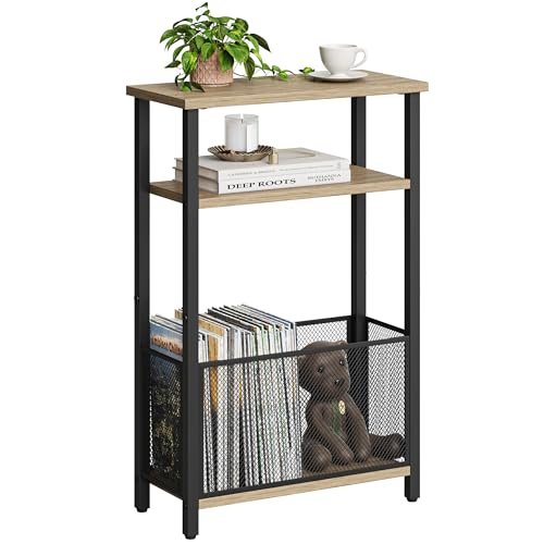 MMEOLUOOK Narrow Side Table with Storage Basket Skinny End Tables for Smalls Spaces 3 Tier Sofa Table Small Nightstand Slim Bedside Table for Living Room Bedroom Greige MLBZ22GR - color: Greige