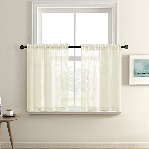 Semi Sheer Curtains Tier 24 Inch Length for 25'x24' Basement Window Set of 2 Panels Short Light Beige Off White Farmhouse Curtains for Dining Room Kitchen Bathroom Modern Boho Bedroom Decor Ivory - color: Ivory, size: 25"W x 24"L (Pack of 2)