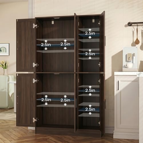 holzart 63" Tall Kitchen Pantry Cabinet, Freestanding Dining Room Storage Hutch with 4 Doors and Adjustable Shelves, Modern Utility Cupboard for Coffee Bar and Microwave, Brown - color: Brown