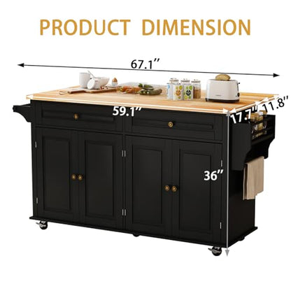 67 Kitchen Island Cart with Drop Leaf Breakfast Bar, Rolling Mobile Kitchen Island Table on Wheels with Storage Cabinet, Drawer, Spice/Towel Rack, Black - size: 67 Inch