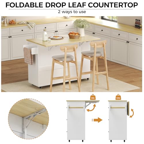 IRONCK Rolling Kitchen Island with Storage & Drop Leaf, 47.2" Kitchen Cart | with 3 Drawers, Spice Rack, Towel Rack, Storage Cabinet, Portable Mobile Island on Wheels, Black - color: White