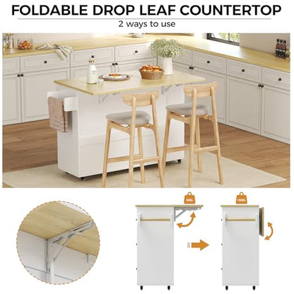 IRONCK Rolling Kitchen Island with Storage & Drop Leaf, 47.2" Kitchen Cart | with 3 Drawers, Spice Rack, Towel Rack, Storage Cabinet, Portable Mobile Island on Wheels, Black - color: White