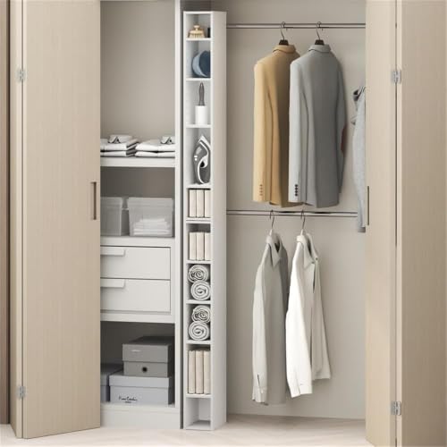 Pemberly Row 10-Tier Adjustable Closet Organizer, 6 in Width, White Finish, Slim Vertical Storage with Adjustable Shelves, Modular Stackable Design, Anti-Tip Kit, Space-Saving Entryway or Bedroom Use