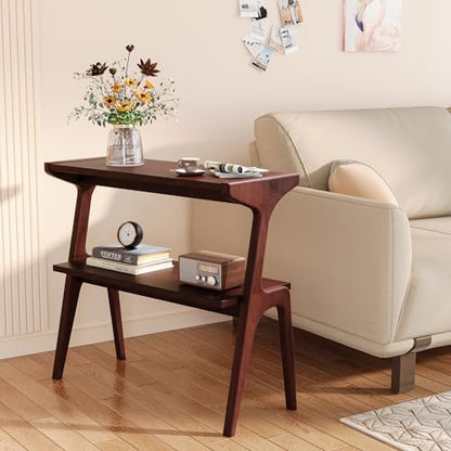 Solid Wood End Table | 2-Tier Side Table with Storage Shelf, Slim Table for Sofa, Living Room, Bedroom, Small Space, Easy Assembly, Burgundy - color: Burgundy