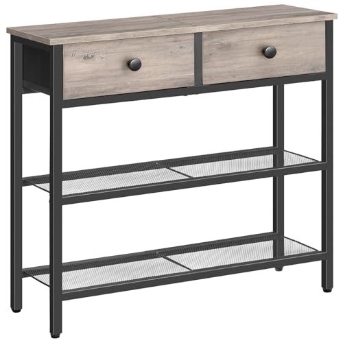 HOOBRO 29.5" Narrow Console Table with 2 Fabric Drawers, Sofa Table, Small Entryway Table with 3-Tier Storage Shelves, Behind Couch Table, for Living Room, Hallway, Greige and Black BG72XG01 - color: Greige + Black