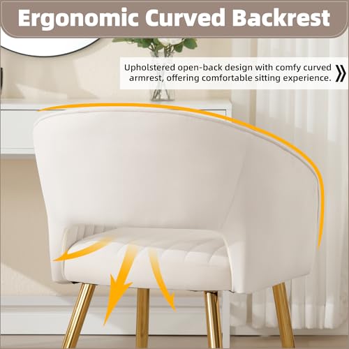 Velvet Home Office Desk Vanity Chair, No Wheels, Gold Legs, Off-White Cream | Modern Accent Chair with Stylish Stripe Design, Spacious‌ Soft Seat for Girls & Women Bedroom Makeup or Nail Table - color: Off-white Cream Velvet, No Wheels