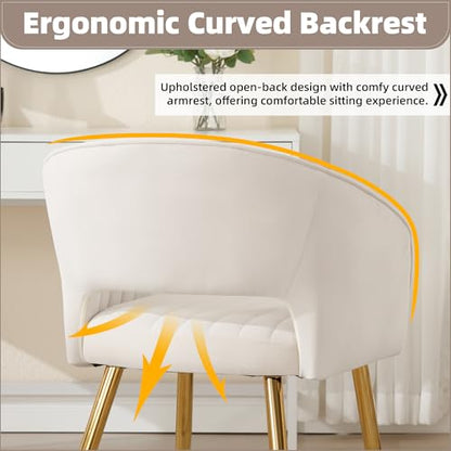 Velvet Home Office Desk Vanity Chair, No Wheels, Gold Legs, Off-White Cream | Modern Accent Chair with Stylish Stripe Design, Spacious‌ Soft Seat for Girls & Women Bedroom Makeup or Nail Table - color: Off-white Cream Velvet, No Wheels