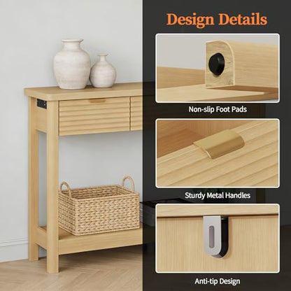 Fluted 47.2" Console Table with Outlets and USB C, Narrow Entryway Table with 3 Drawers, Boho Wood Sofa Table Behind Couch for Living Room, Natural Oak - color: Entryway Table-oak