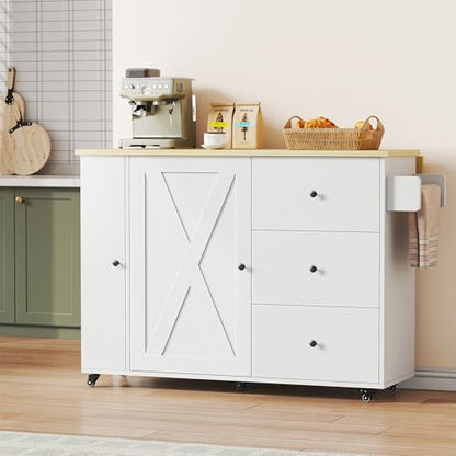 IRONCK Rolling Kitchen Island with Storage & Drop Leaf, 47.2" Kitchen Cart | with 3 Drawers, Spice Rack, Towel Rack, Storage Cabinet, Portable Mobile Island on Wheels, Black - color: White