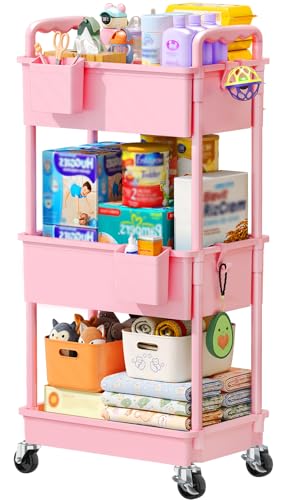 SUNALLY Baby Diaper Caddy Cart, 3 Tier Rolling Diaper Cart for Nursery,Pink | Large Capacity & Easy Assemble Diaper Storage Organizer with Lockable Wheels for Newborn, New Mom, Baby Girl Boy Essentials - color: Pink