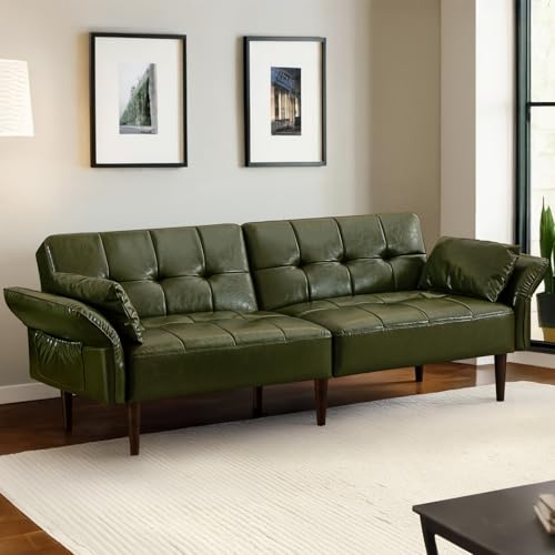 HALLYBEE 85" Futon Faux Leather Couch with Adjustable Armrests Olive Green | Futon Sofa Bed, Sleeper Sofa, Small Couch with Pillows, Side Pockets, Mid Century Modern, Living Room, Bedroom, Apartment - color: Olive Green