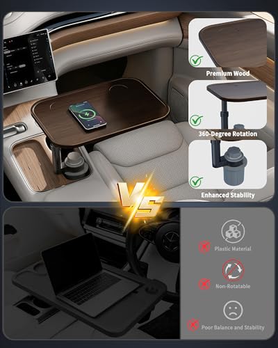 Car Desk for Laptop, Car Table & Car Tray with 360° Rotating Cup Holder, Adjustable Height Car Food Tray, As Car Table Tray or Car Seat Tray, Compatible with Tesla Model 3/Y/S, Ford/Most Vehicles