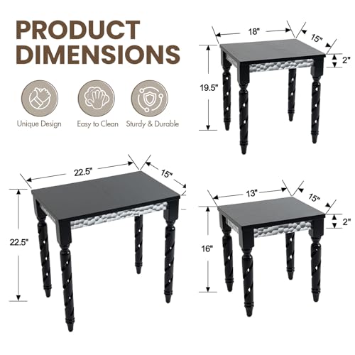 Hyfirm Black Nesting Tables Set of 3 - Mid Century Modern Accent End Tables with Durable Veneered Top, Spiral Wood Legs & Hexagonal Silver Apron, Ideal for Living Room, Bedroom & Small Apartments - color: Black Top+silver Apron