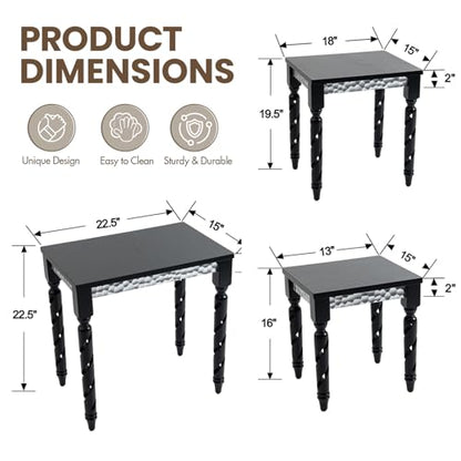 Hyfirm Black Nesting Tables Set of 3 - Mid Century Modern Accent End Tables with Durable Veneered Top, Spiral Wood Legs & Hexagonal Silver Apron, Ideal for Living Room, Bedroom & Small Apartments - color: Black Top+silver Apron