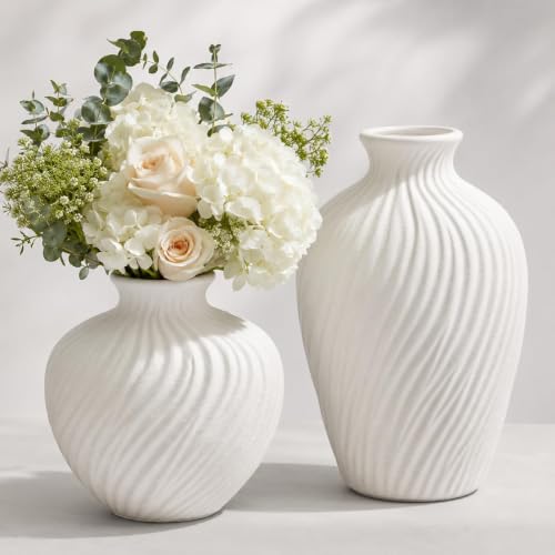 White Ceramic Vase Set of 2|Flower Vase for Home Decor with Rustic Textured