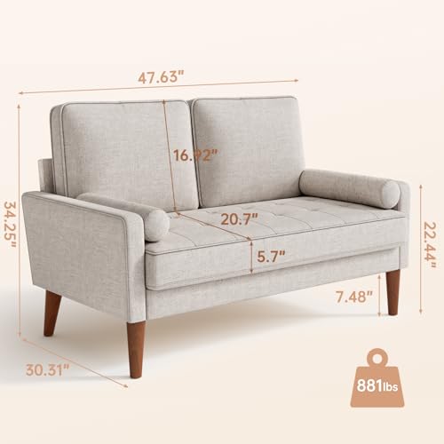 Vesgantti 48" Loveseat Sofa, Small Couch with Solid Wood Legs | Solid Wood Legs - color: Beige