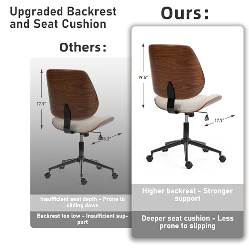 Modern Walnut Home Office Chair, Executive Desk Chair No Arms Beige | with Wheels, Adjustable Height, Comfy PU, Deeper Cushion, Mid Back, 360 Swivel Computer Chair - color: Beige