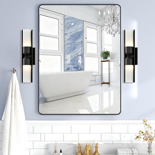 Krymnar 40"x30" Bathroom Vanity Mirror Over Sink, Black Rectangular Aluminum Frame with Rounded Corner(Small-Radius), HD Shatterproof Glass & Rust-Proof Wall Mirror for Bedroom, Living Room, Entryway - size: 40"L x 30"W
