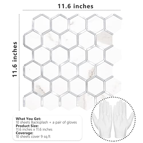 STICKGOO Hexagon Peel and Stick Backsplash Tile, Stick on Backsplash for Kitchen and Bathroom, White Marble Look PVC Mixed Metal Silver Self Adhesive Wall Tiles(10 Sheets, Seamless) - color: White Marble with Metal Silver