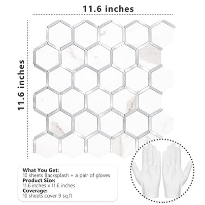 STICKGOO Hexagon Peel and Stick Backsplash Tile, Stick on Backsplash for Kitchen and Bathroom, White Marble Look PVC Mixed Metal Silver Self Adhesive Wall Tiles(10 Sheets, Seamless) - color: White Marble with Metal Silver
