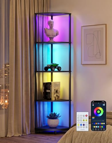 Corner Shelf with LED Light, 5 Tier Smart Color Changing Floor Lamp with Remote, 62" Display Shelf Bookshelf Narrow Storage Rack Standing Lamp for Living Room Bedroom Home Office Décor - color: Black