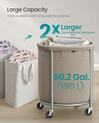 SONGMICS Laundry Basket, Rolling Steel Frame with 2 Locking Wheels, 190 L | Heavy-Duty Laundry Hamper Cart with Removable Bag, Camel Brown and Metallic Silver, URLS001N01 - color: Camel Brown + Metallic Silver, size: 190 L (1-Section)