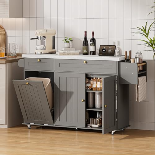 60" Kitchen Island with Power Outlet & Drop Leaf, Rolling Island with Spice Rack & Towel Rack, Kitchen Island Cart with Trash Storage Cabinet, Island Table for Kitchen, Grey+Imitation Marble - color: Grey+imitation Marble