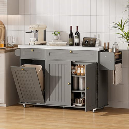 60" Kitchen Island with Power Outlet & Drop Leaf, Rolling Island with Spice Rack & Towel Rack, Kitchen Island Cart with Trash Storage Cabinet, Island Table for Kitchen, Grey+Imitation Marble - color: Grey+imitation Marble