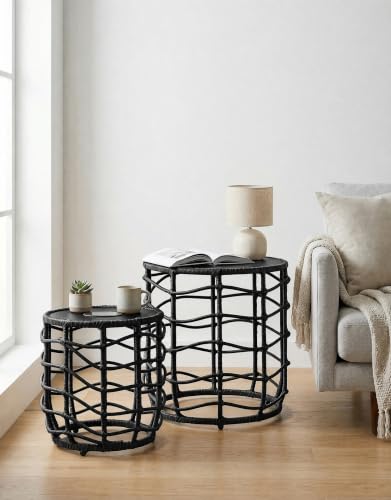 Boho Solar Outdoor Side Table with Built-in Lights Set of 2, All-Weather Wicker Nesting Tables, Round Waterproof Accent End Table Design for Patio, Porch, Garden & Balcony, Black - color: Black