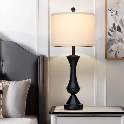 29" Black Tall Table Lamps for Living Room, Touch Control Bedroom Lamp with USB A+C Ports, 3-Way Dimmable Bedside Table Lamps Set of 2, Modern Metal Lamp for Nightstand - color: Black-2Pack
