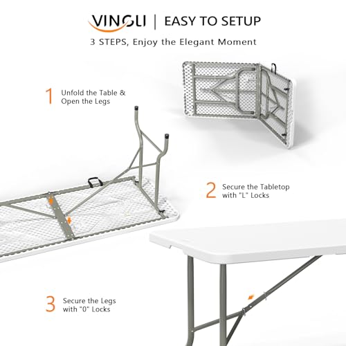 VINGLI 6-Foot Portable Plastic Folding Table,Rectangular HDPE Tabletop Foling Table for Indoor and Outdoor Use with Carrying Handle,White 100 Pack - size: 100 Pack