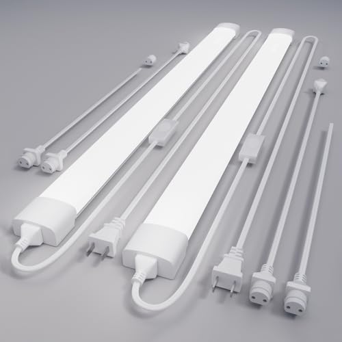 Plug in Light Fixtures 2FT 2PCS Linkable 5000K LED Shop Light, 18W Ceiling/Closet Light for Laundry Kitchen Garage Workbench, Under Cabinet Lighting, Triproof, White | Plug in Ceiling/Closet Light with Plug for Laundry Kitchen Garage, No-Flicker Workbench