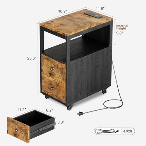 Narrow End Table with Charging Station and Wheels, Movable Narrow End Table with USB Ports and Outlets for Small Space, Living Room, Bedroom and Office, with 4 Wheels ( Rustic Brown + Black) - color: [A1] Black & Brown