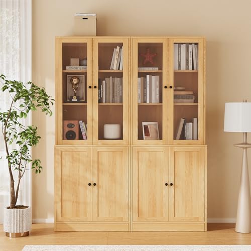 TUSY 71'' Bookshelf with Doors - 5 Tier Freestanding Tall Bookcase, Modern Storage Cabinet for Home Office, Curio Cabinets with Glass Door for Living Room, Bedroom (2, Wood) - color: Wood
