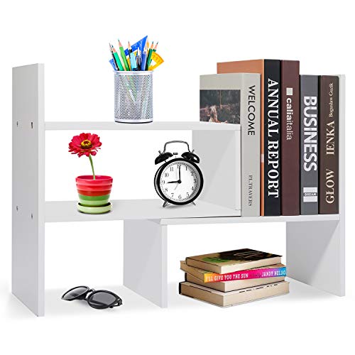 Hossejoy Wood Adjustable Desktop Storage Organizer Display Shelf Rack, Office Supplies Desk Organizer,White - color: White