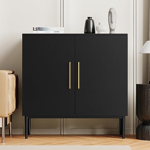 Black Storage Cabinet with Doors, Modern Accent Cabinet, Free Standing Cabinet with Adjustable Shelf, Wooden Buffet Sideboards for Living Room, Kitchen, Dining Room, Entryway - color: Black丨flat Panel, size: 1 Piece
