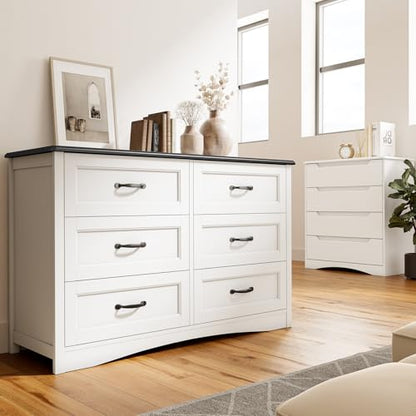 Gizoon 47" 6 Drawer Dresser, White & Black Chest of Drawers Bedroom | 6 drawer wood dresser with metal handles. Storage cabinet organizer for bedroom, kids nursery room and home office - color: White-black