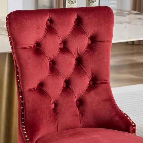 KEIKI Upholstered Velvet Dining Chair, Mid-Century Tufted Accent Seat | with Golden Solid Wood Legs for Dining Room Kitchen Room, Wine Red - color: Wine Red