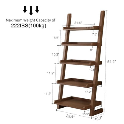 AQIMUELE Walnut Wooden Ladder Shelf with Edges, 5-Tier Modern Leaning Bookshelf Ladder – Stylish Space-Saving Bookcase for Living Room, Bedroom & Home Office - color: Walnut