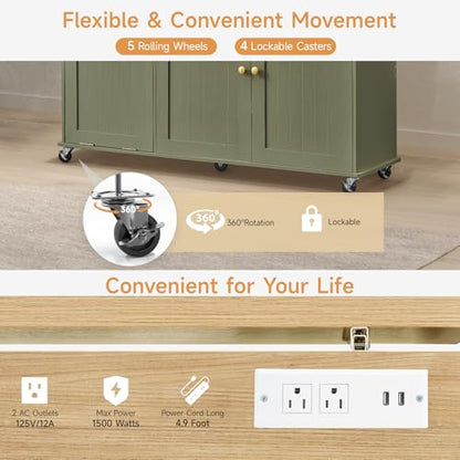 60" Kitchen Island with Power Outlet & Drop Leaf, Rolling Island with Spice Rack & Towel Rack, Kitchen Island Cart with Trash Storage Cabinet, Island Table for Kitchen, Green - color: Green
