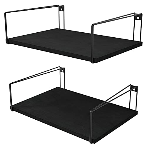 SRIWATANA Deep Wide Floating Wall Shelves 16''W x 12''D, Set of 2, Black | Wide Wood Wall Shelves, Large Storage Capacity, 40lbs, Easy Wall Mount, for Bedroom Living Room Kitchen Bathroom Decor - color: Black
