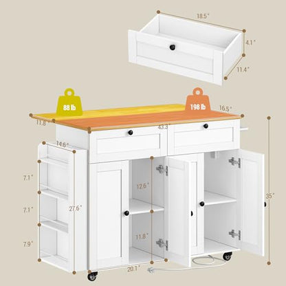 Hzuaneri Kitchen Island with Power Outlet & Drop Leaf, 53.1" Rolling | Kitchen Island Cart on Wheels, Portable Mobile Island Table with Spice Rack Towel Rack, Knife Holder Drawers, White KT00103W