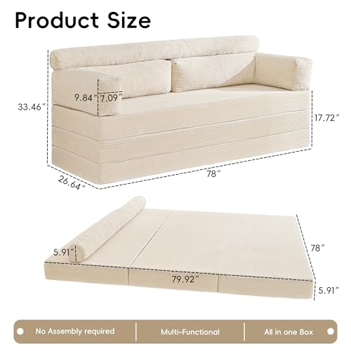 78" 5-in-1 Convertible Sofa Bed, Corduroy Tri-Fold Sleeper Couch, Beige | 30D high-resilience memory foam, soft corduroy fabric, 5-in-1 tri-folding design, for living room, bedroom, apartment - color: Beige, size: 78 inch Sofas Bed