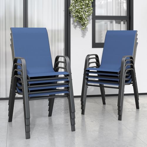 Navy Patio Chairs Set of 8, Stackable Outdoor Dining Chairs for All Weather Textilene Fabric & Metal Frame, Outdoor Chairs Set for Backyard Deck Garden - color: Dark Blue, size: Set of 8