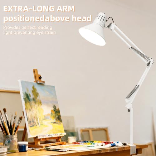 White Desk Lamp with Clamp, Extra-Tall Adjustable Metal Swing Arm, 5000K | Manicurist Table Lamp for Nail Work, Drafting, Sewing, Crafting, College Dorm and Home Office, A19 Bulb Included - color: White, size: 5000K Natural Daylight-Extra Long Swing Arm