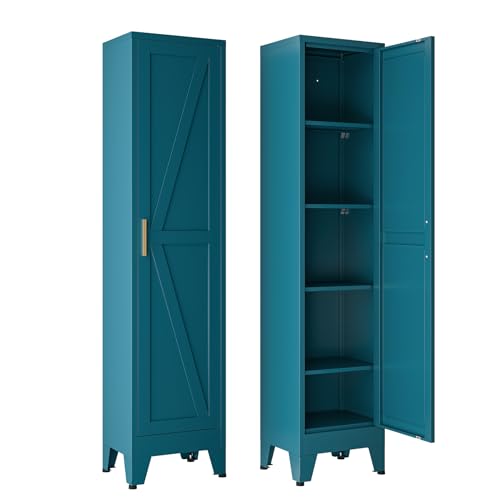 67" Tall Storage Cabinet with Reversible Doors and Adjustable Shelves,Metal Slim Freestanding Cabinet for Bathroom Kitchen Garage Small Spaces,Blue,5-Tier 1 Pack - color: Blue, size: 11.8"D x 15.7"W x 67"H