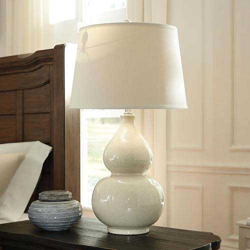 Signature Design by Ashley Saffi 30" Tall Ceramic Table Lamp, Cream | Textured crackle glaze ceramic base, Adjustable 3-way switch for custom ambiance, Light-diffusing fabric drum shade - style: Saffi