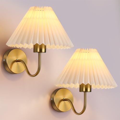 Gold Wall Sconces Sets of 2, Indoor Wall Light Fixtures with Fabric Lampshade, Pleated Fabric Wall Lamp Dresser Hardwired Lamp Wall Lighting Fixture for Bedroom Living Room Porch Dining Room | Wall Light Fixtures with Fabric Lampshade Dresser Hardwired La