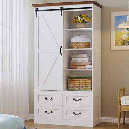 IRONCK Armoire Wardrobe Closet with 4 Drawers, Sliding Barn Doors, White | 71" Wardrobe Cabinet, Tall Clothing Storage Cabinet with Hanging Rod and Shelves for Bedroom - color: White